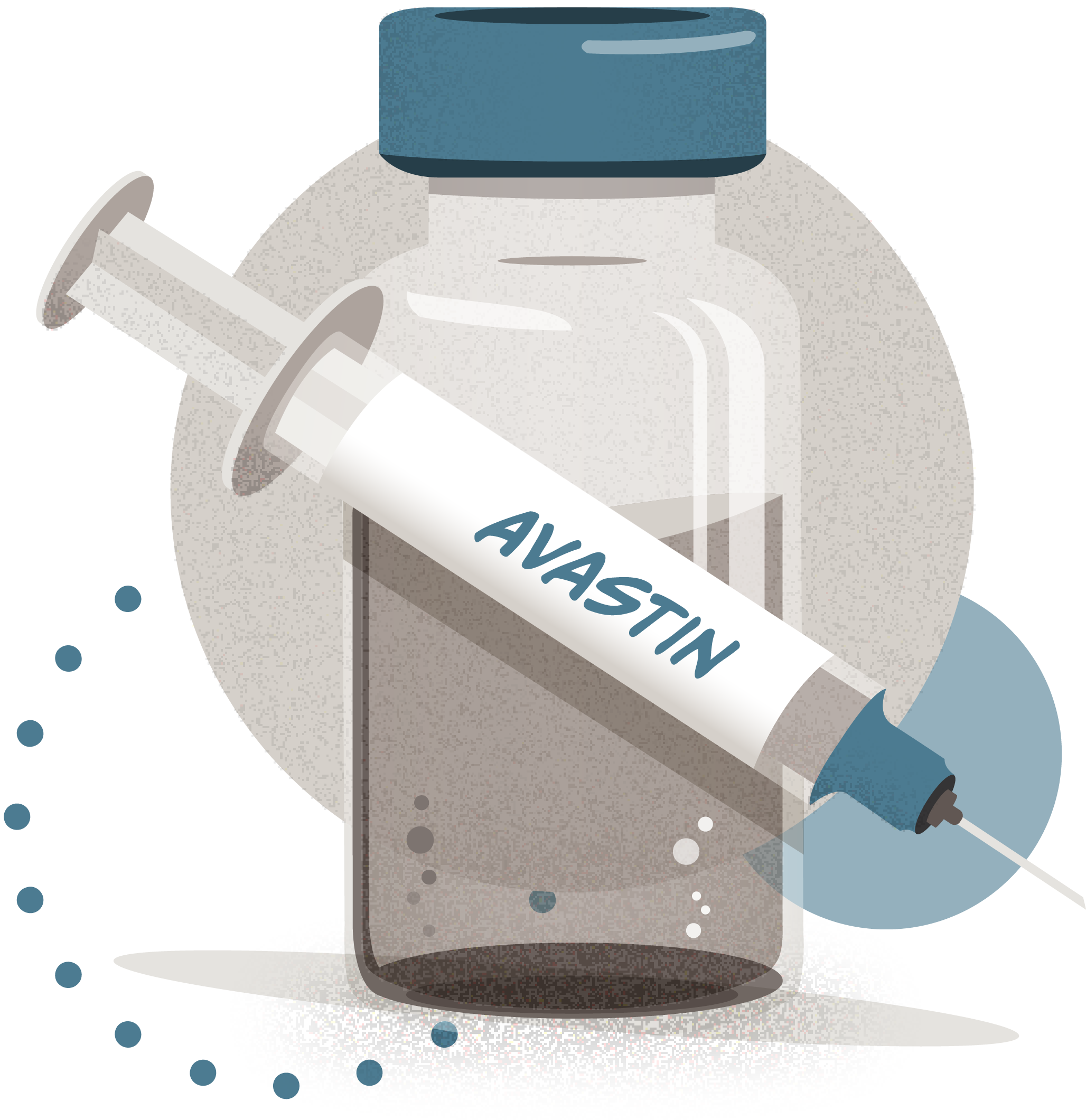 Illustration of a syringe and vial of Avastin, a drug used to treat the eye condition, wet age-related macular degeneration, as an example of an off-label prescription.