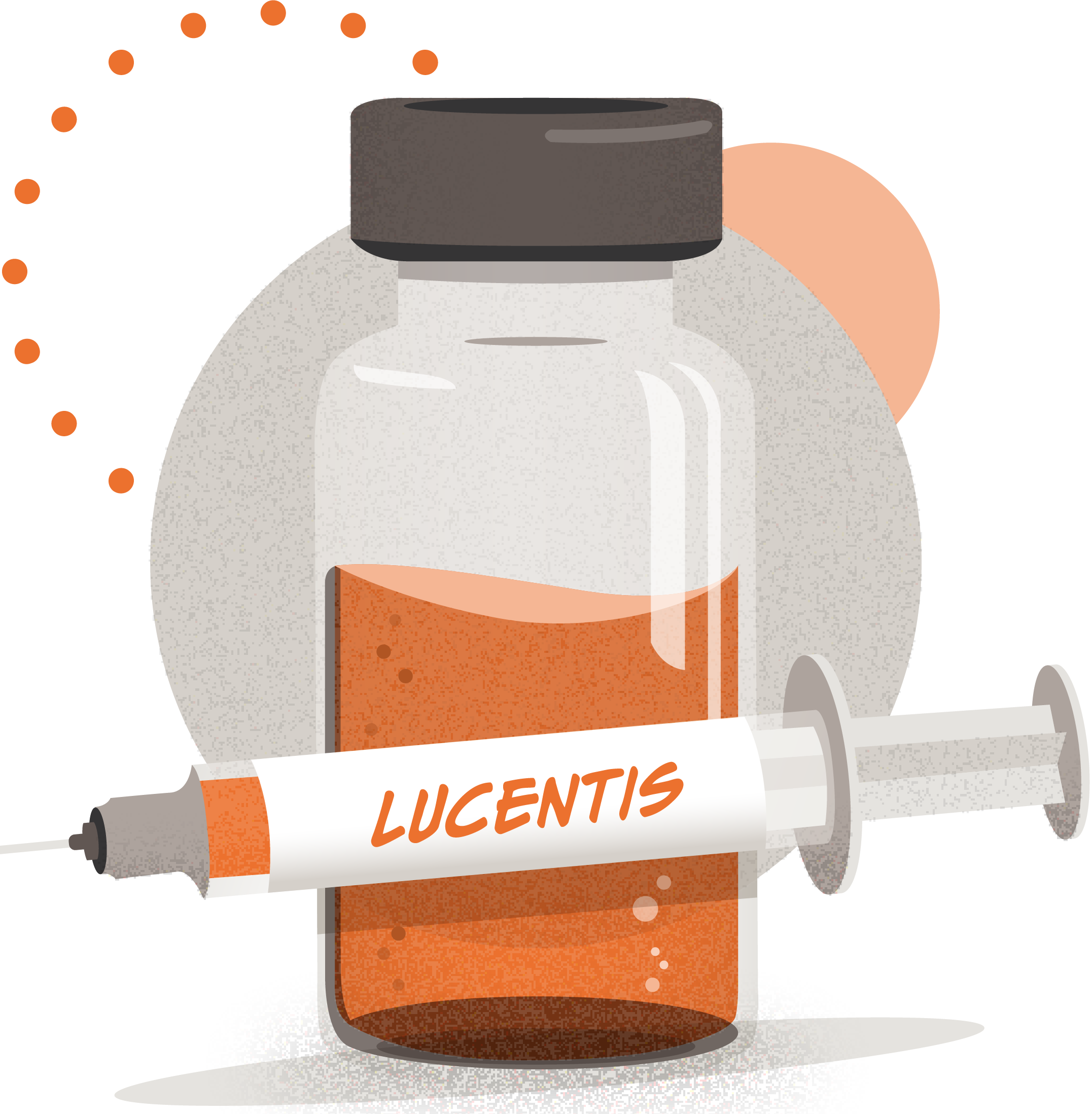 Illustration of a syringe and vial of Lucentis, a drug used to treat the eye condition, wet age-related macular degeneration, as an example of an on-label prescription.