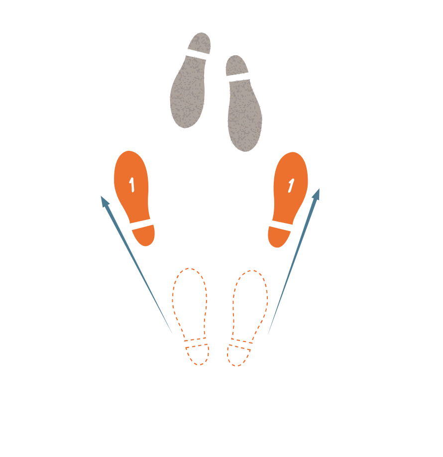 The  patent dance illustrative metaphor continues with arrows and shoe prints showing the biosimilar drug maker orange shoes, marked no. 1, stepping forward toward two gray prints, which represent originator company. step represents submitting an application to originator.