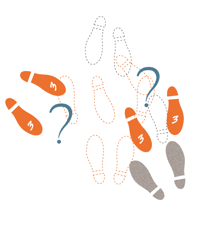 This illustration shows the orange biosimilar pair of shoes having a choice to make between two sets of steps, marked No. 3. This step represents the biosimilar company having to choose how to proceed in patent negotiations.