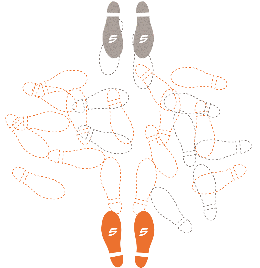 This final illustration of the series shows the orange, biosimilar, shoe prints on the opposite side of the circle than the gray, originator, shoe prints, with many old footprints from the dance in between them. This step represents that once the dance is done the two sides head to court to litigate anything that was not settled.