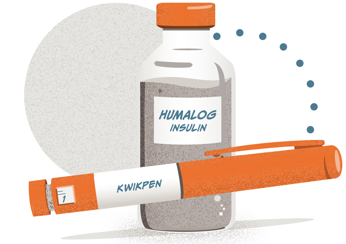 Illustration shows a vial of Humalog insulin with it's KwikPen, insulin injection device in front of it.