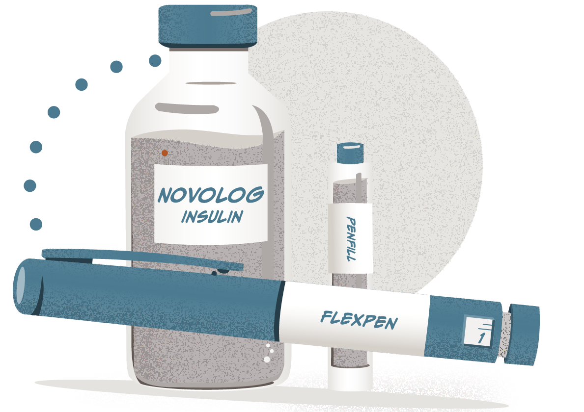 Illustration shows a vial of NovoLog insulin, with its FlexPen insulin injection device in front of it, and a PenFill, refill vial beside it.